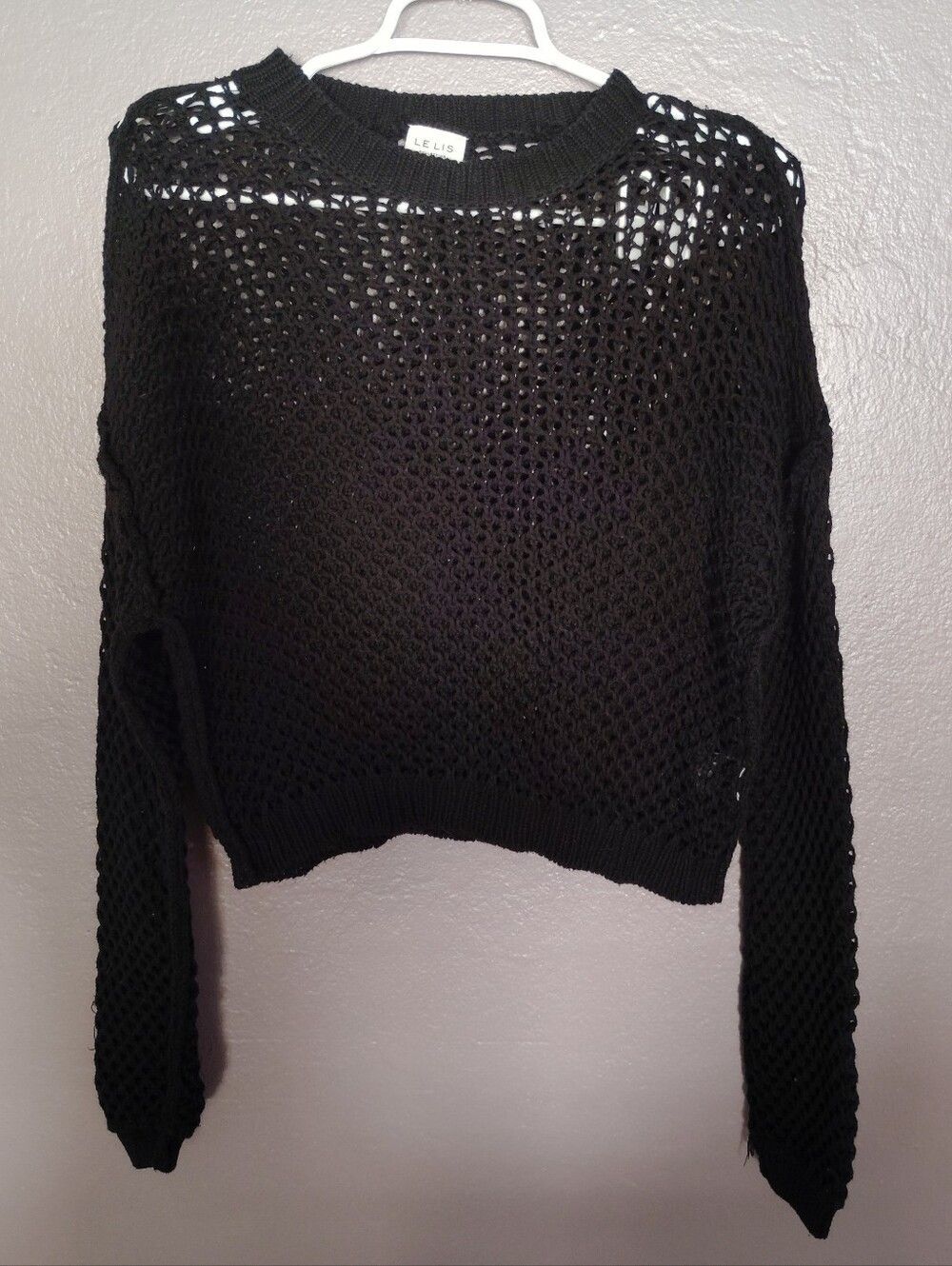 Le Lis Black Crochet Open Knit Beachy Long Sleeve Blouse Size M